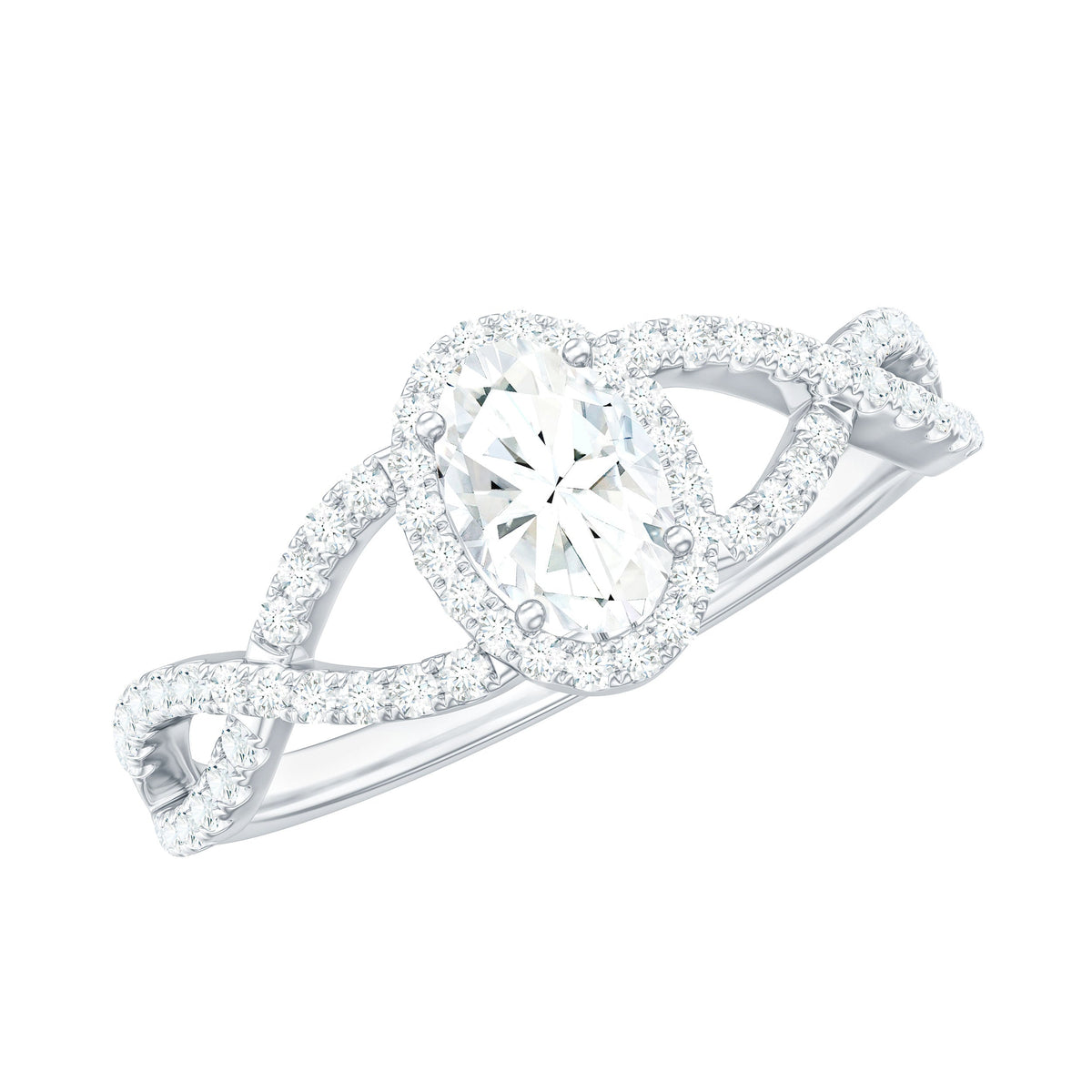 Certified Oval Cut Moissanite Halo Engagement Ring with Crossover Shank