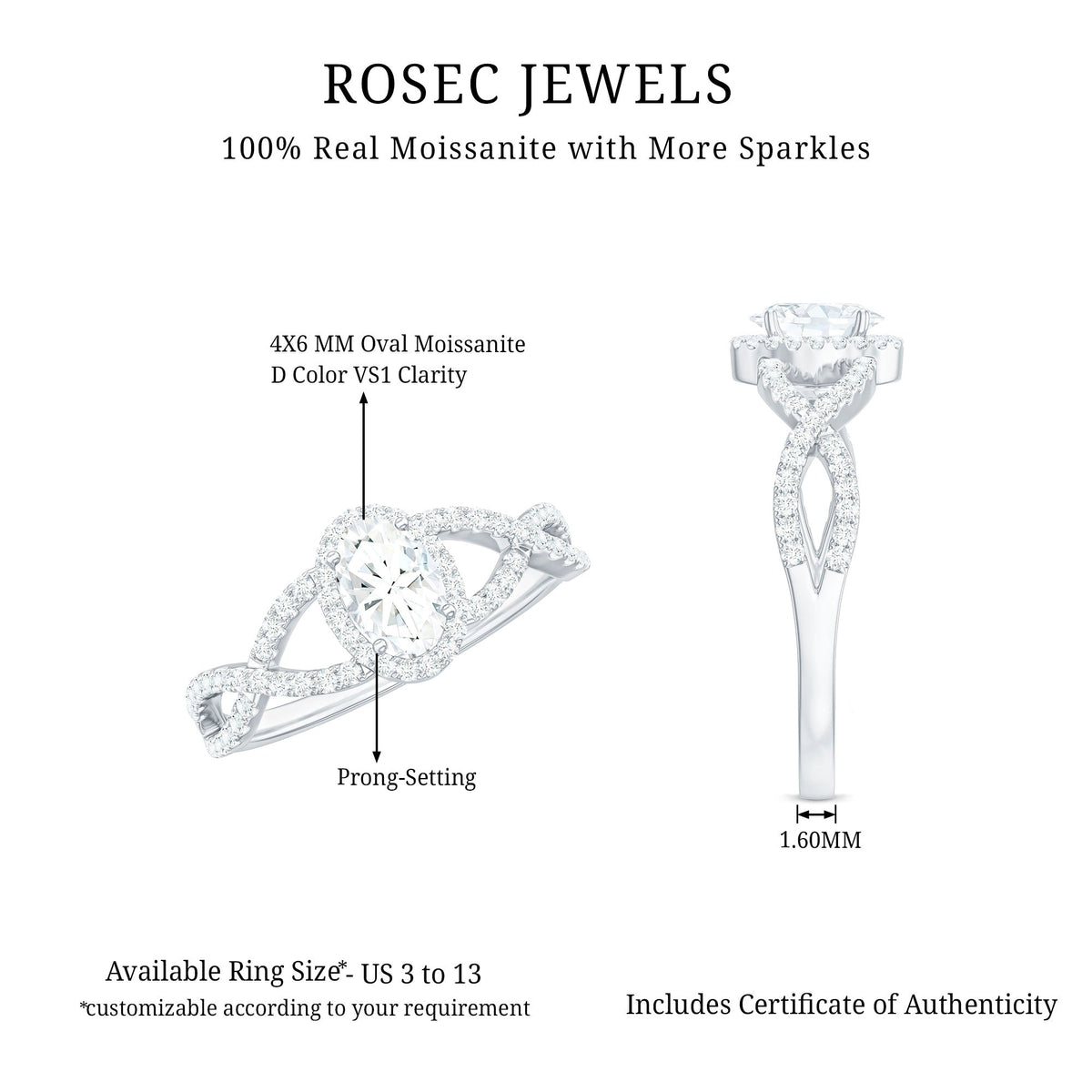 Certified Oval Cut Moissanite Halo Engagement Ring with Crossover Shank