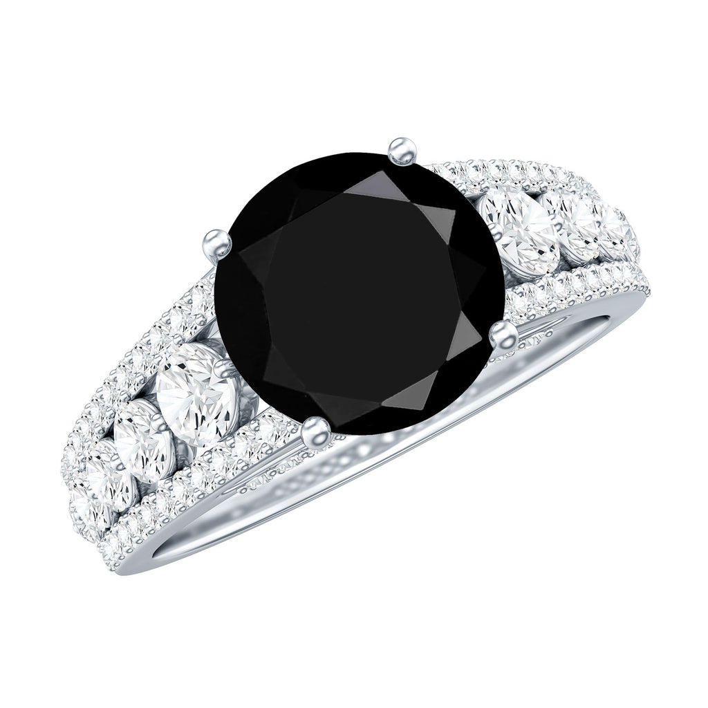 2 Carat Round Black Onyx Statement Engagement Ring with Moissanite Side Stones