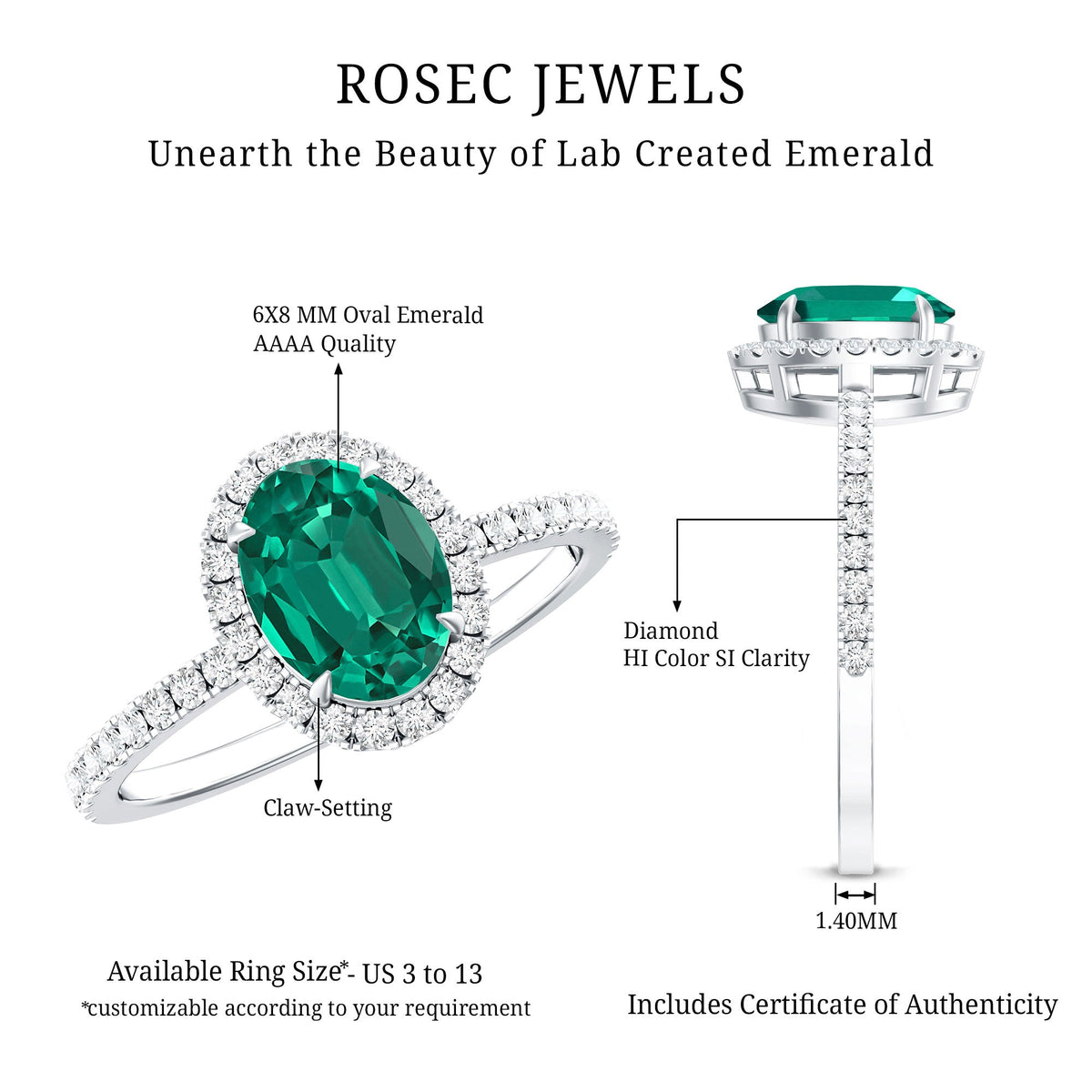 6x8mm Oval Cut Lab Created Emerald Halo Engagement Ring with Diamond
