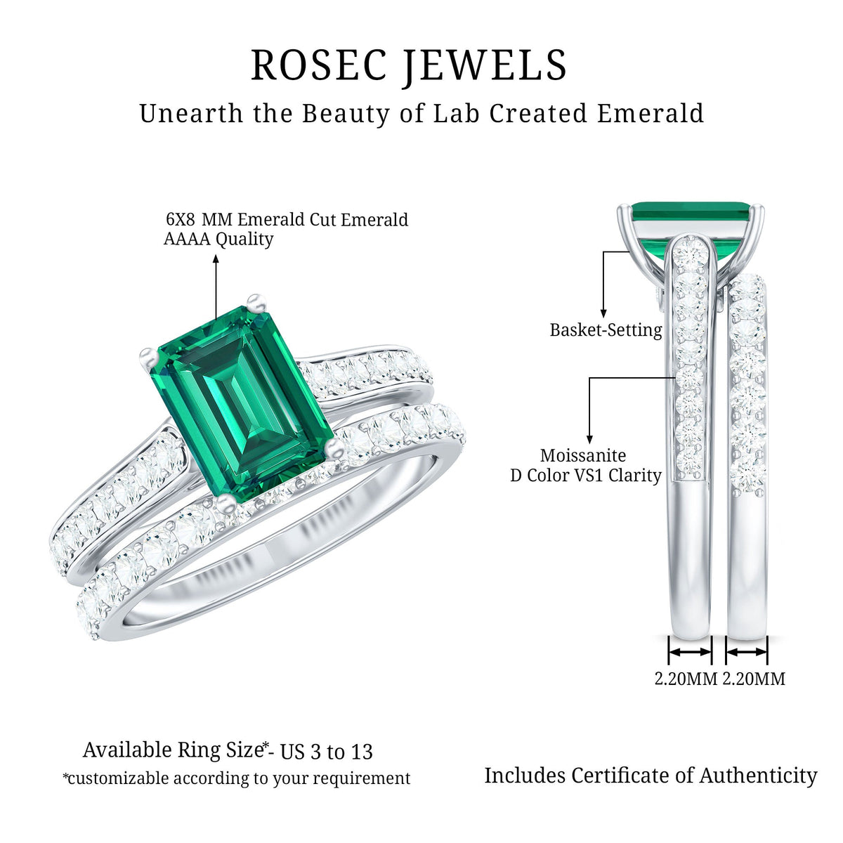 Lab Grown 1.6 Carat Emerald Cut Emerald Engagement Ring with Wedding Band