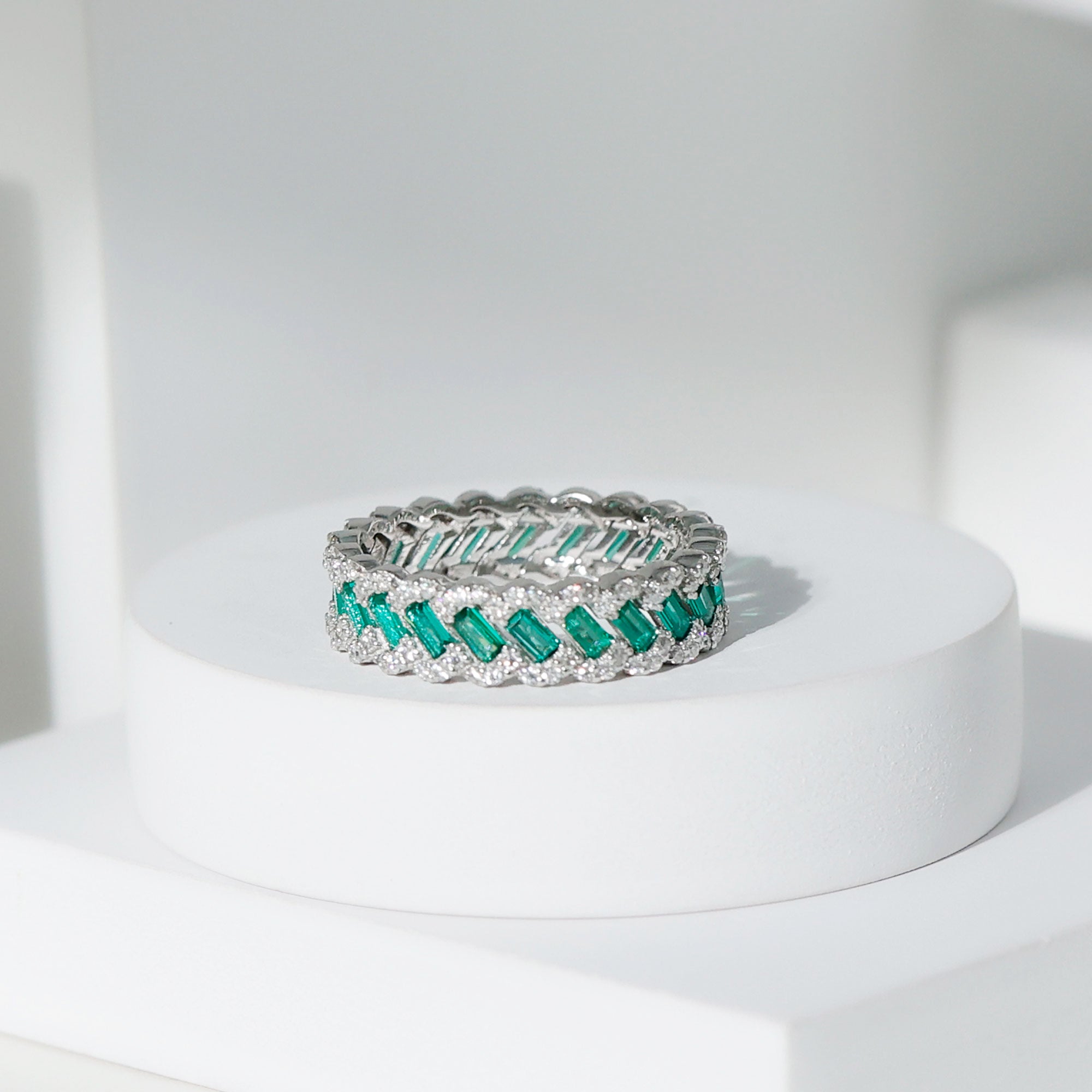 Certified Baguette Lab Grown Emerald Braided Wedding Band with Moissanite