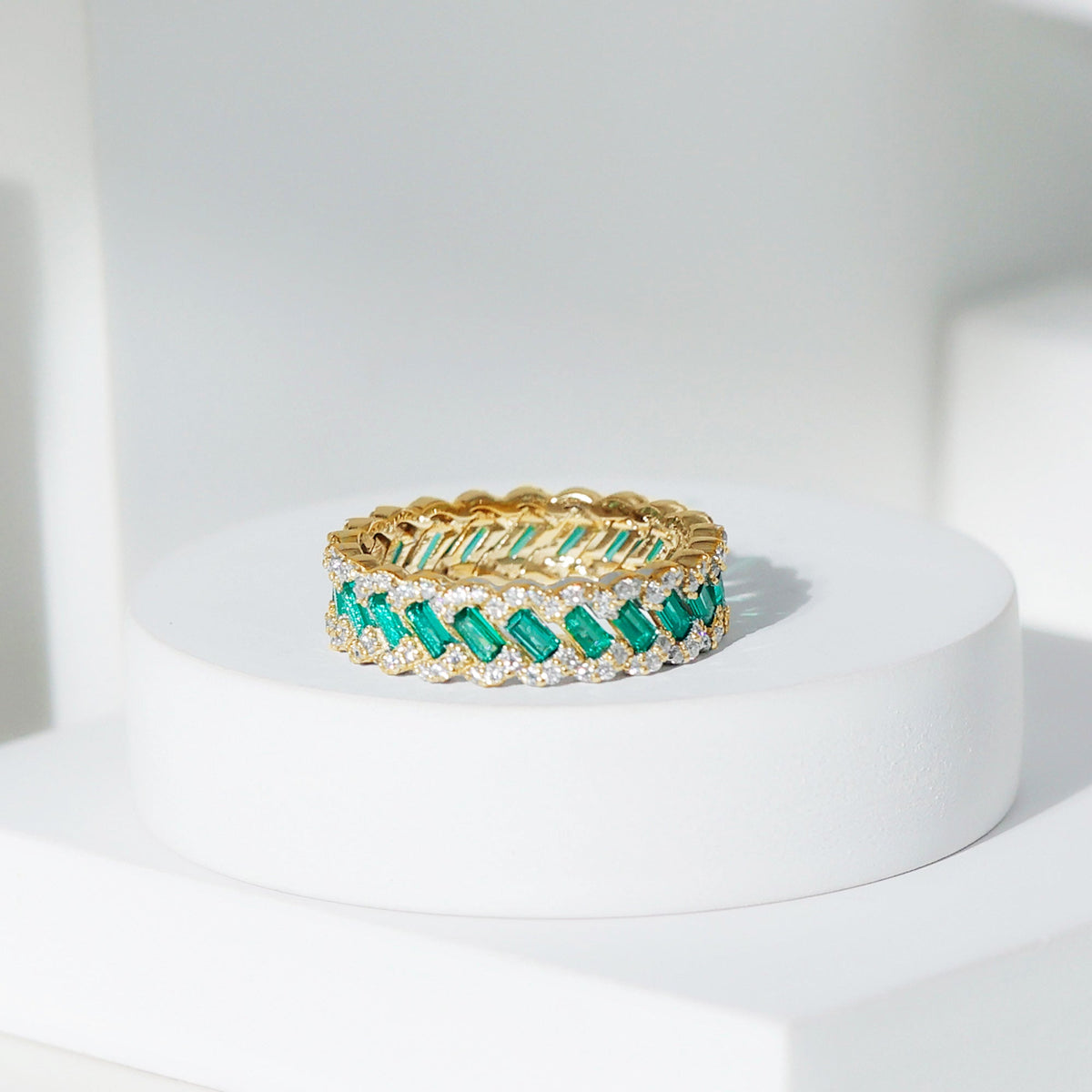 Certified Baguette Lab Grown Emerald Braided Wedding Band with Moissanite