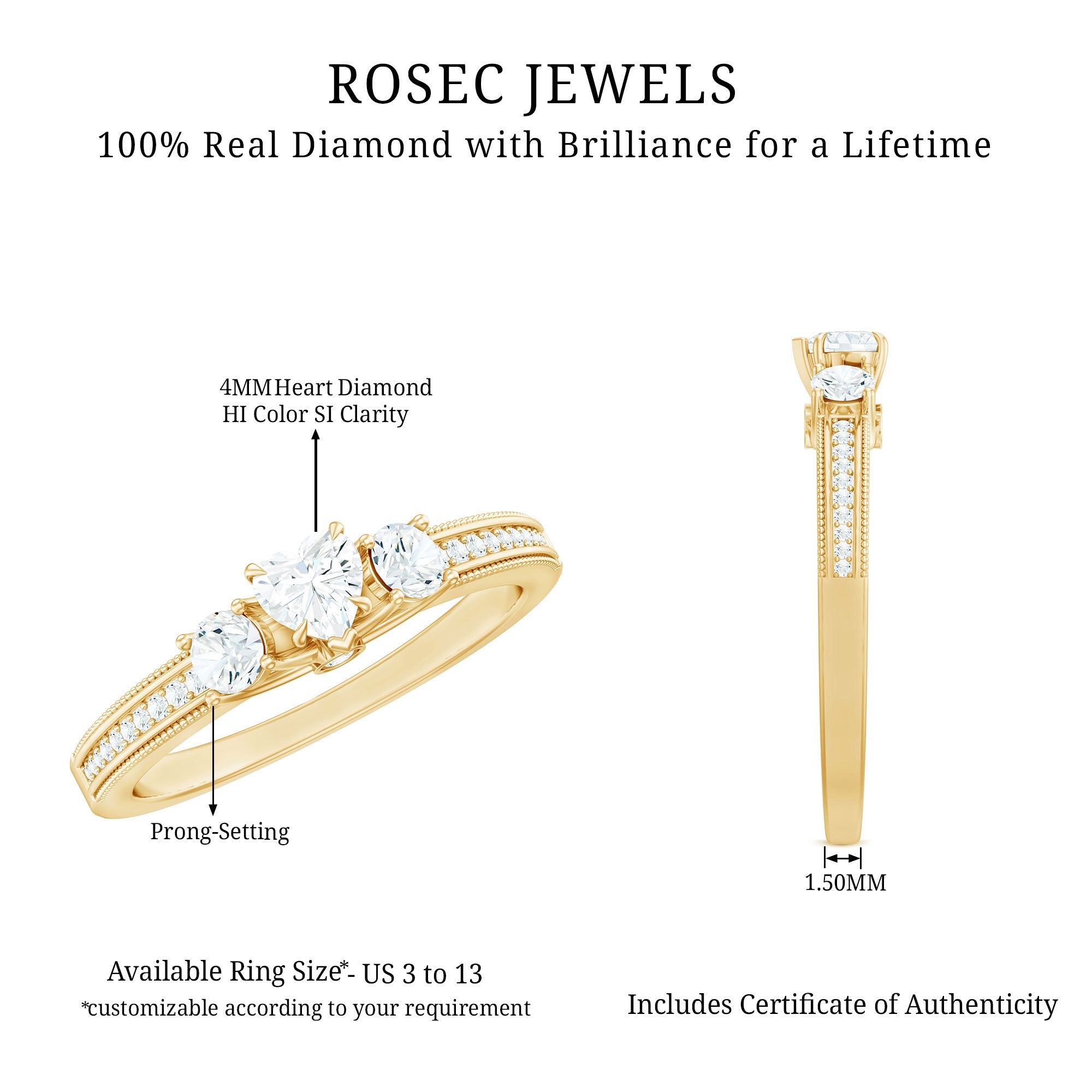 Natural Diamond Three Stone Ring with Beaded Details