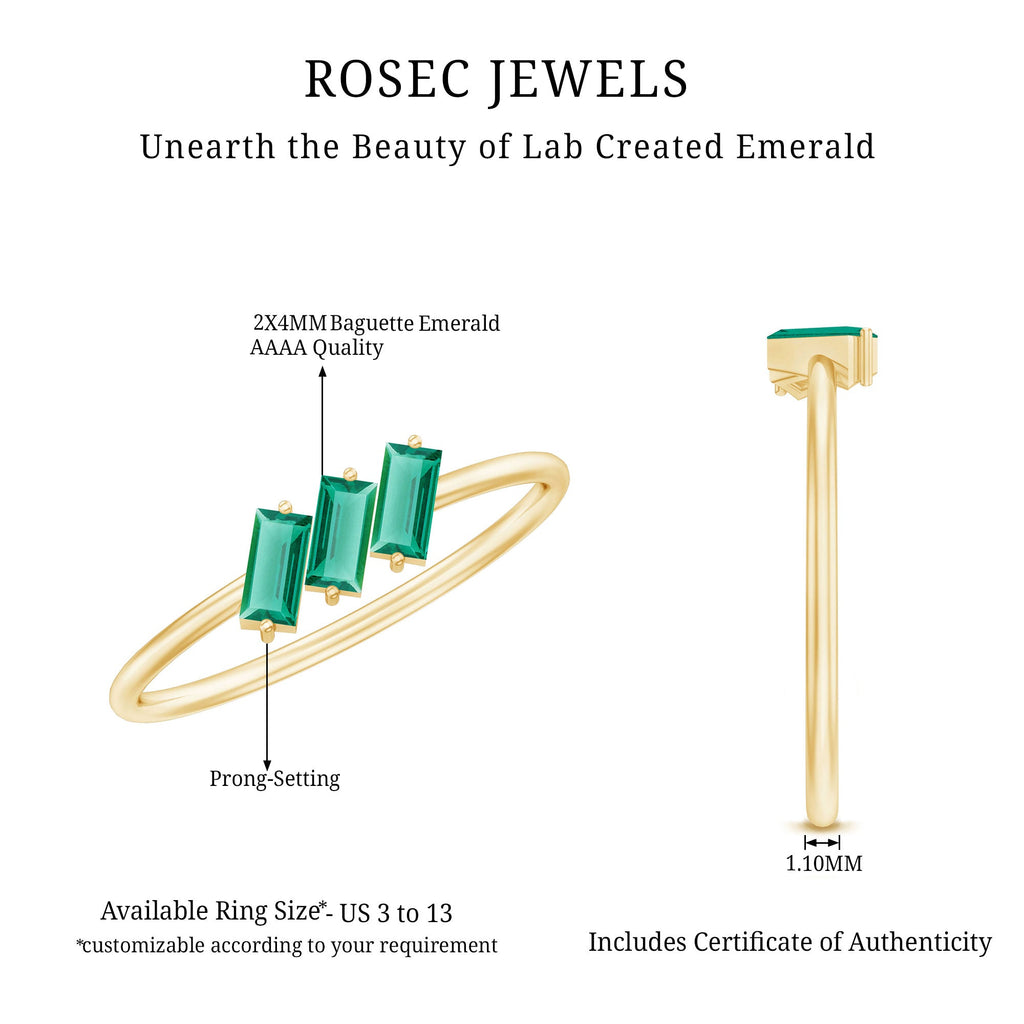 Certified Baguette Lab Grown Emerald 3 Stone Promise Ring