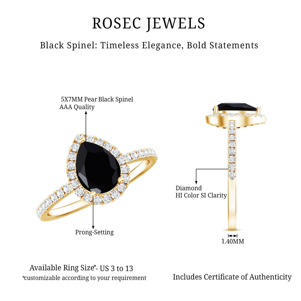Natural Black Spinel Pear Shaped Engagement Ring with Diamond Halo