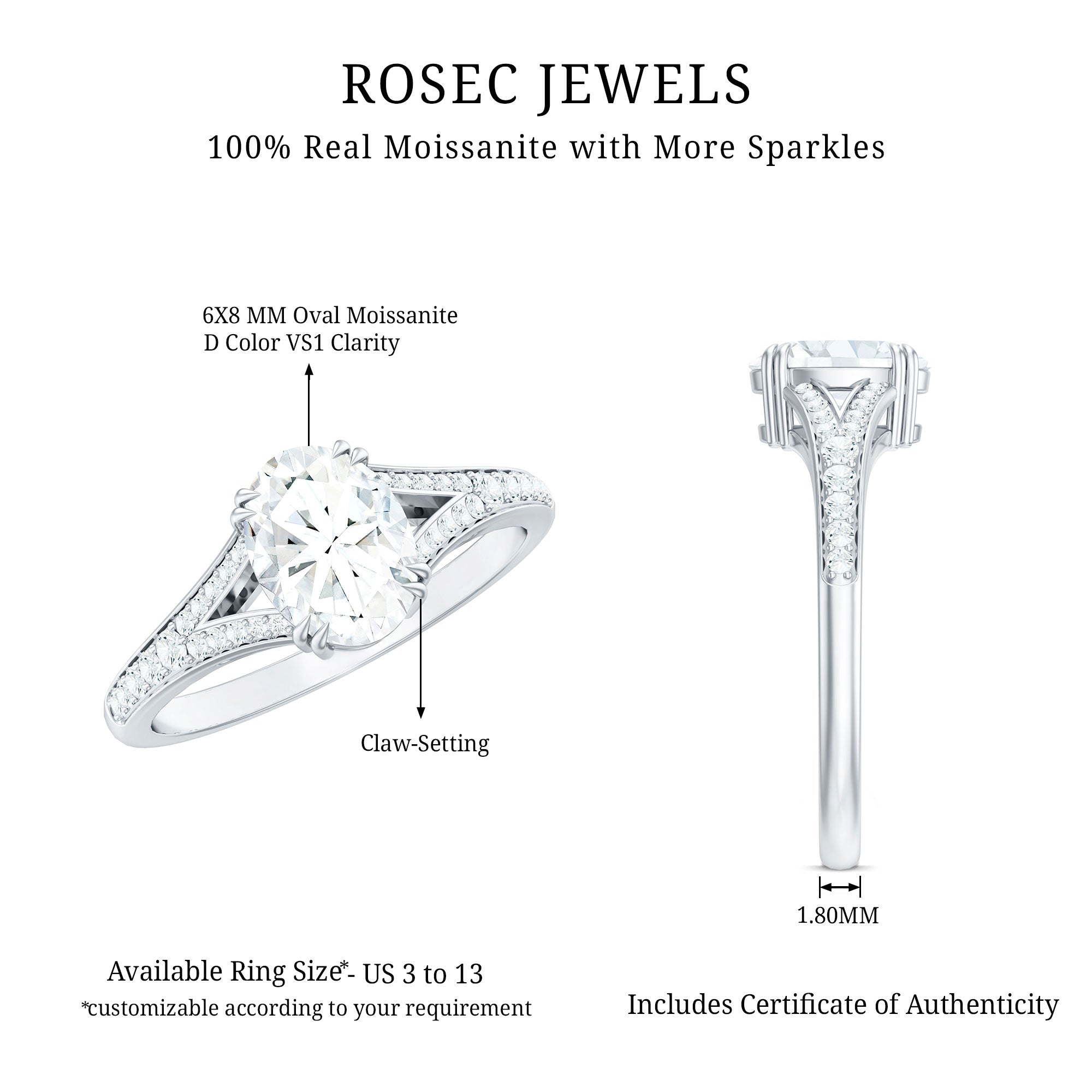 Certified Moissanite Oblong Engagement Ring with Split Shank
