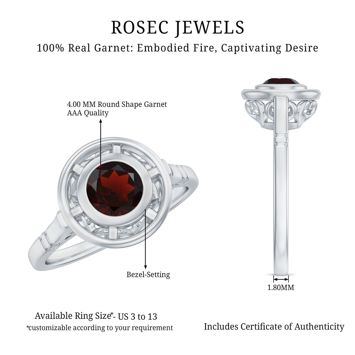 Vintage Looking Garnet Engagement Ring in Bezel Setting