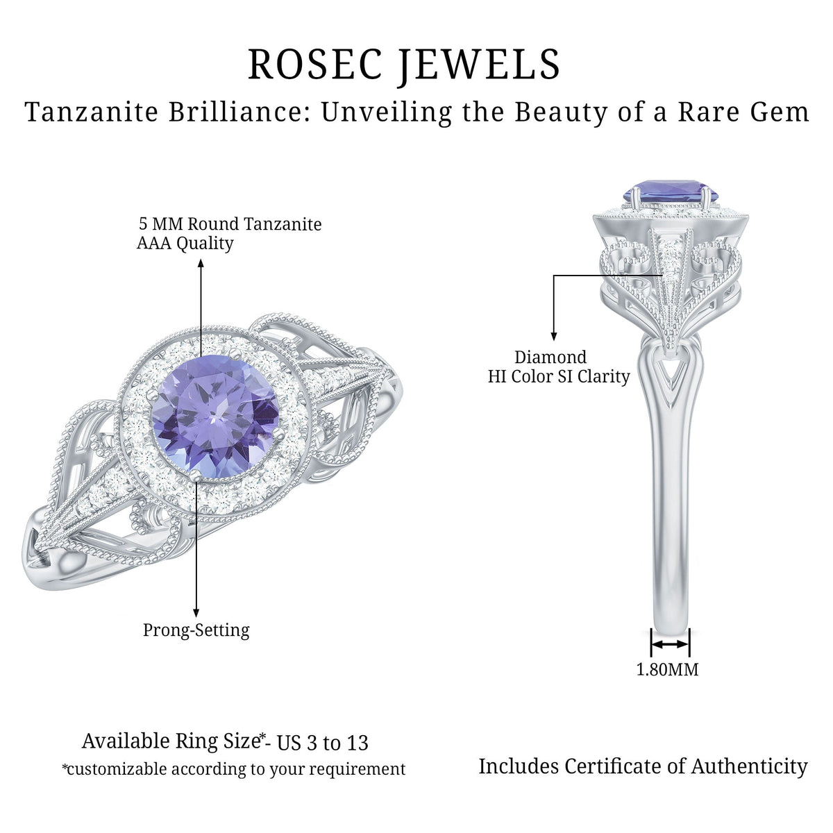 Natural Tanzanite Retro Engagement Ring with Diamond