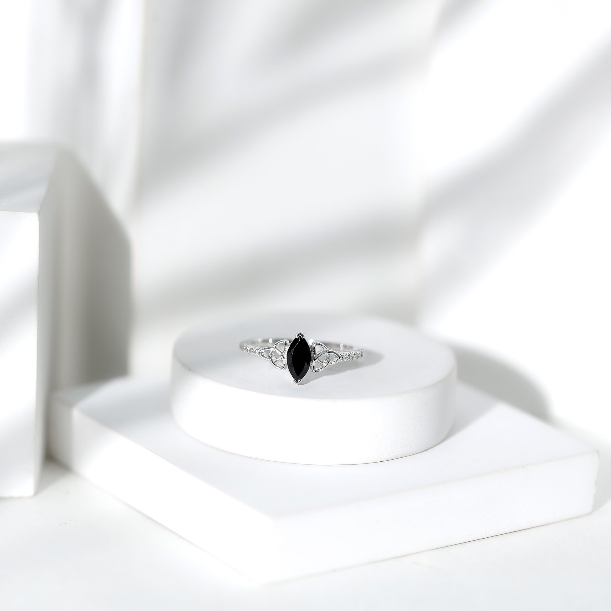 0.8 Carat Lab Grown Black and White Diamond Marquise Engagement Ring with Celtic Knot