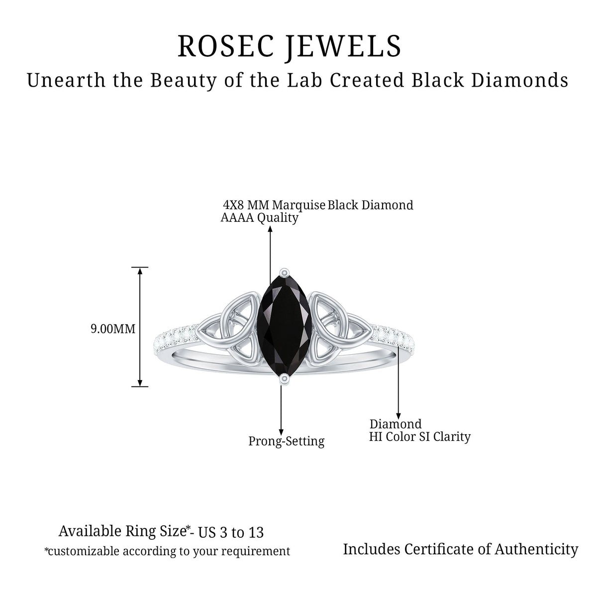 0.8 Carat Lab Grown Black and White Diamond Marquise Engagement Ring with Celtic Knot