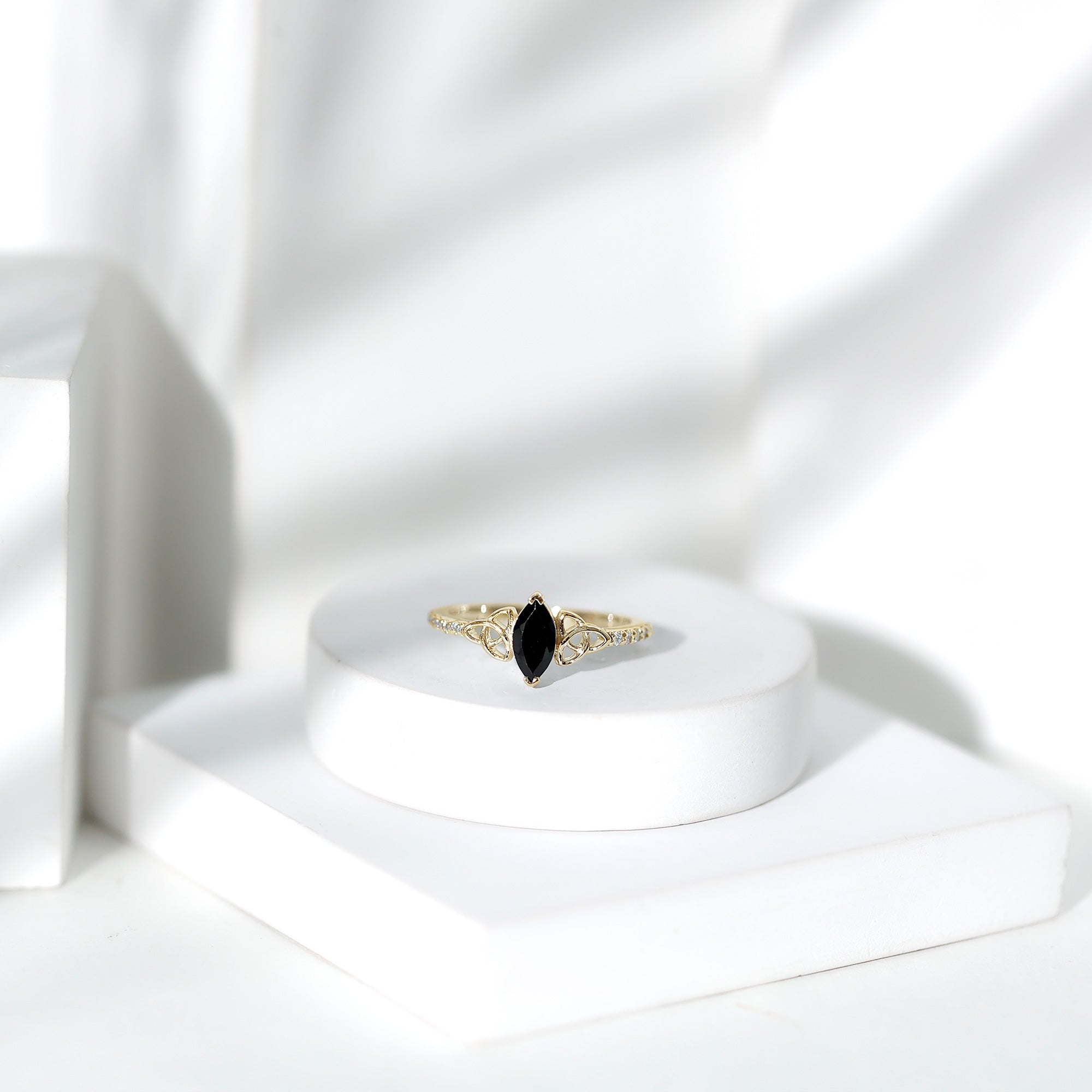 0.8 Carat Lab Grown Black and White Diamond Marquise Engagement Ring with Celtic Knot