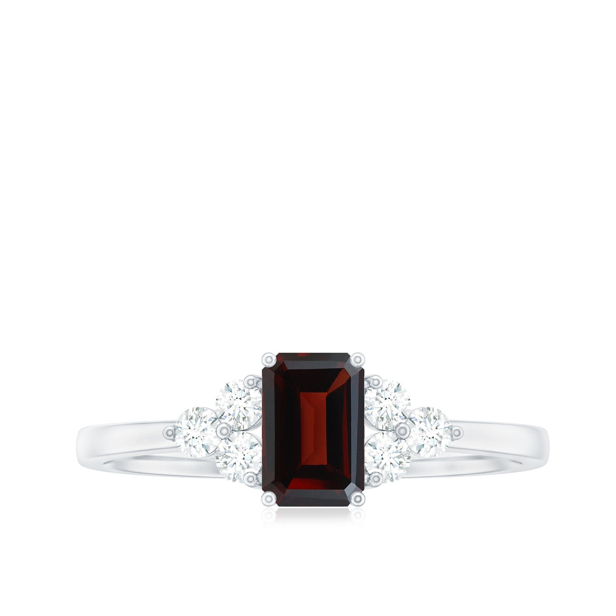 Certified Natural Garnet Emerald Cut Engagement Ring With Diamond Trio