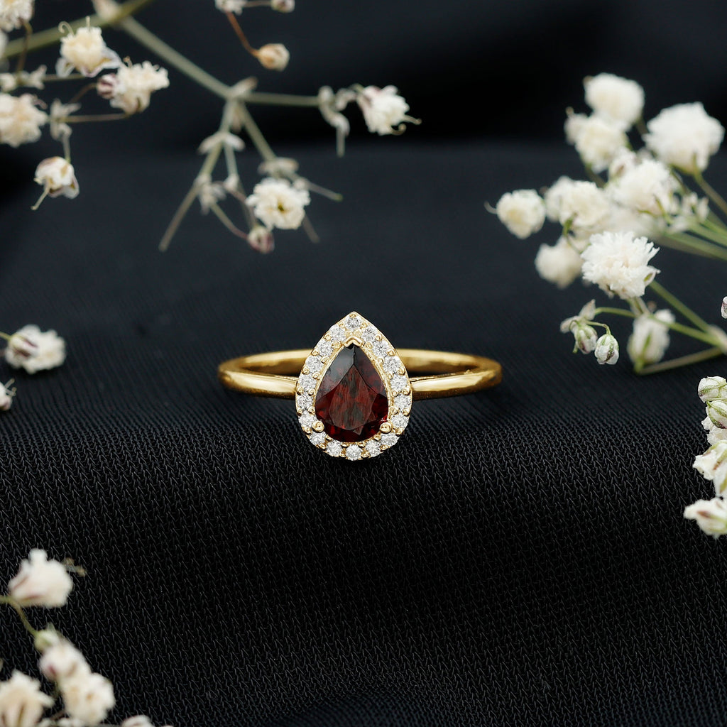 Classic Garnet Teardrop Engagement Ring with Diamond Halo