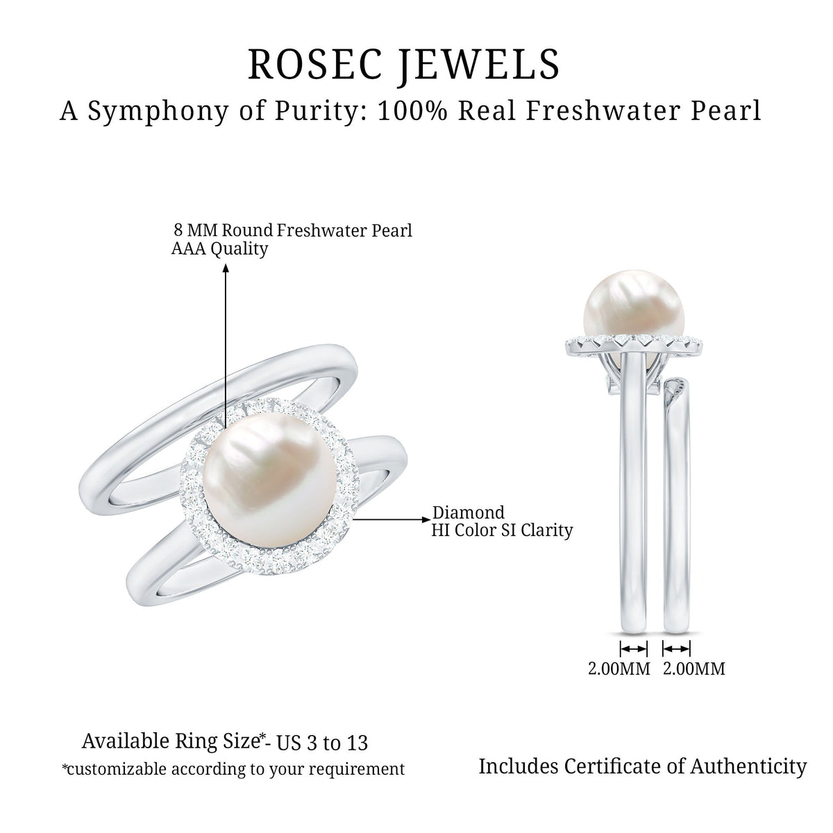 Real 7.4 Carat Freshwater Pearl Diamond Wedding Bridal Ring Set for Women