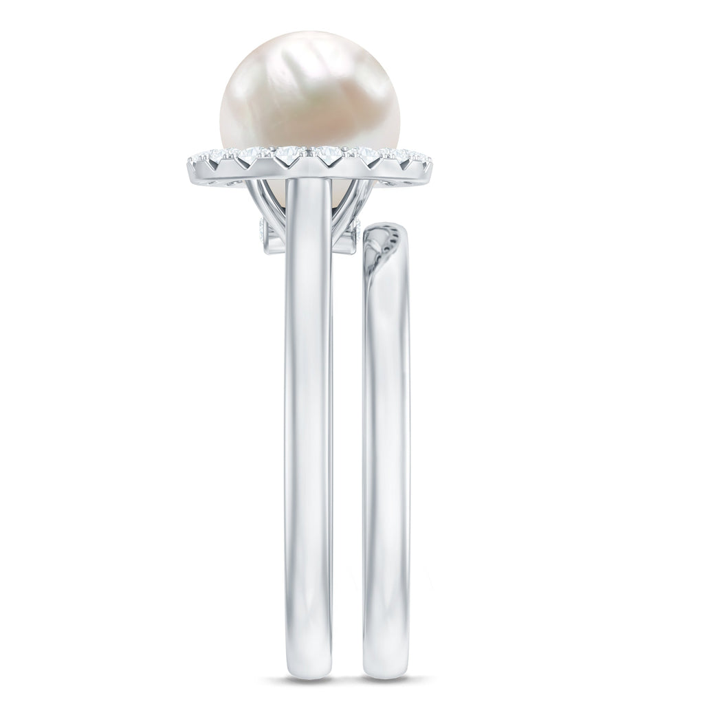 Real 7.4 Carat Freshwater Pearl Diamond Wedding Bridal Ring Set for Women