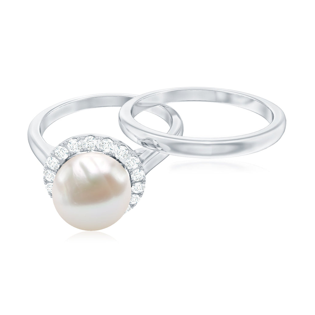 Real 7.4 Carat Freshwater Pearl Diamond Wedding Bridal Ring Set for Women