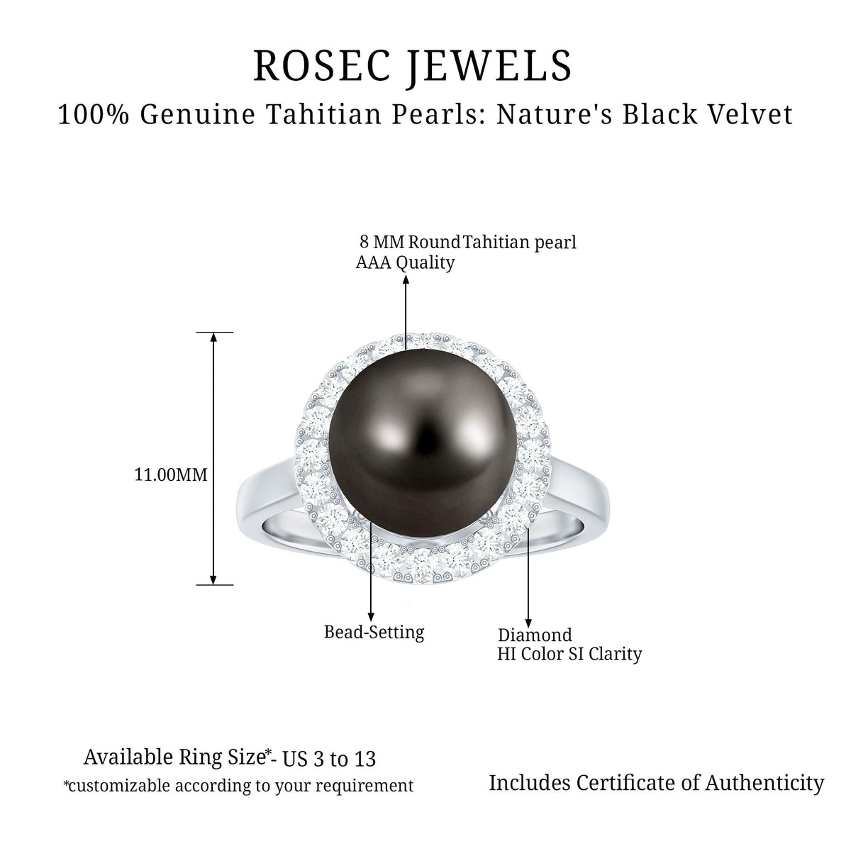 Genuine Tahitian Black Pearl and Diamond Engagement Ring
