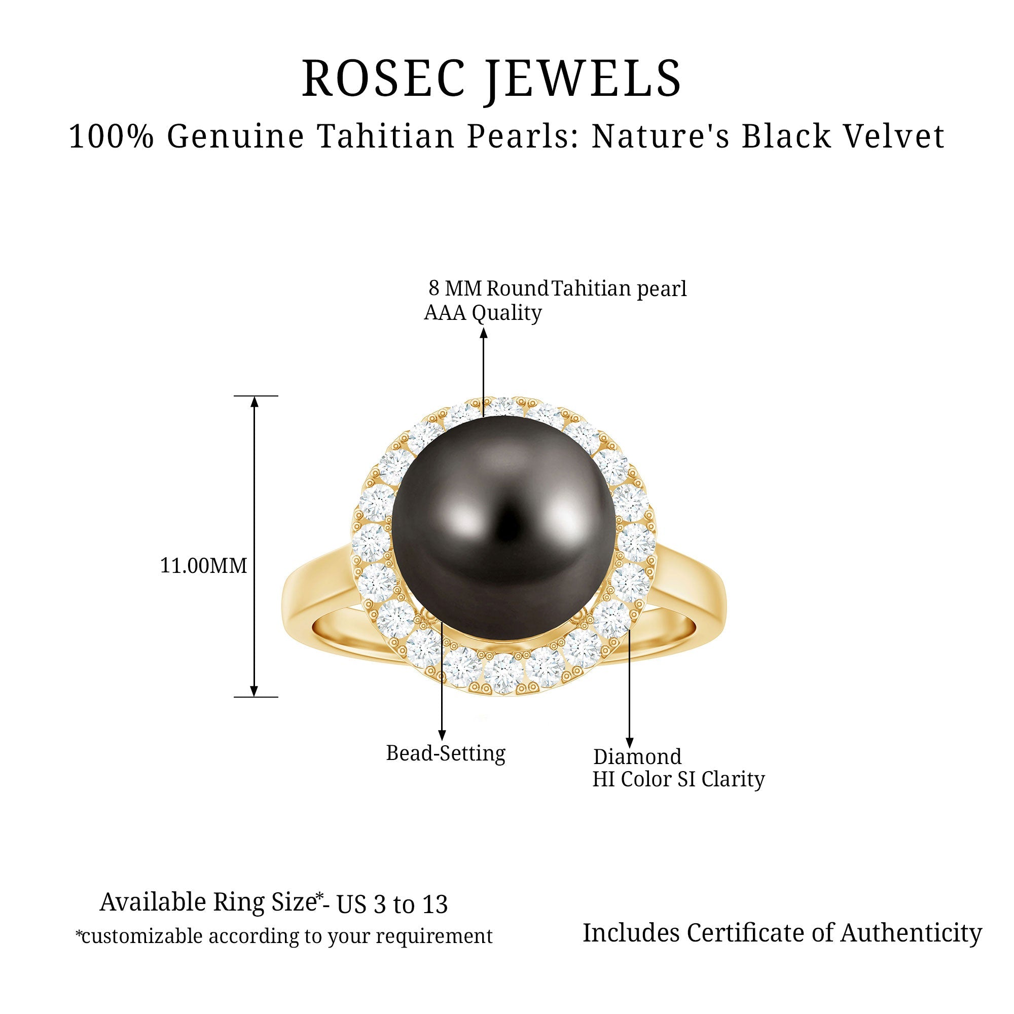 Genuine Tahitian Black Pearl and Diamond Engagement Ring