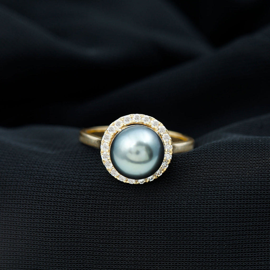 Genuine Tahitian Black Pearl and Diamond Engagement Ring