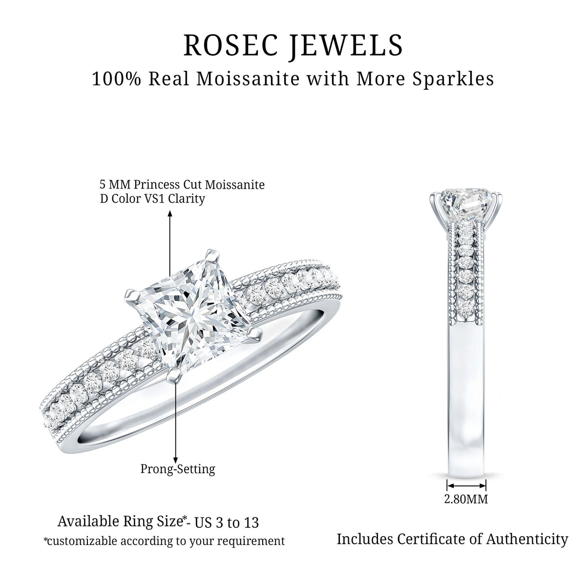 Moissanite Solitaire Engagement Ring with Princess Cut
