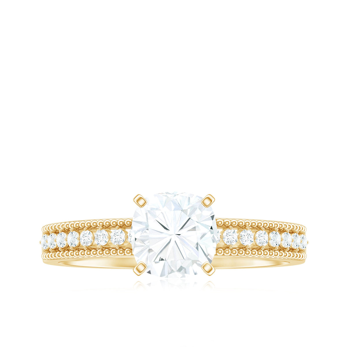 1.7 Carat Cushion Cut Moissanite Solitaire Engagement Ring with Beaded Details