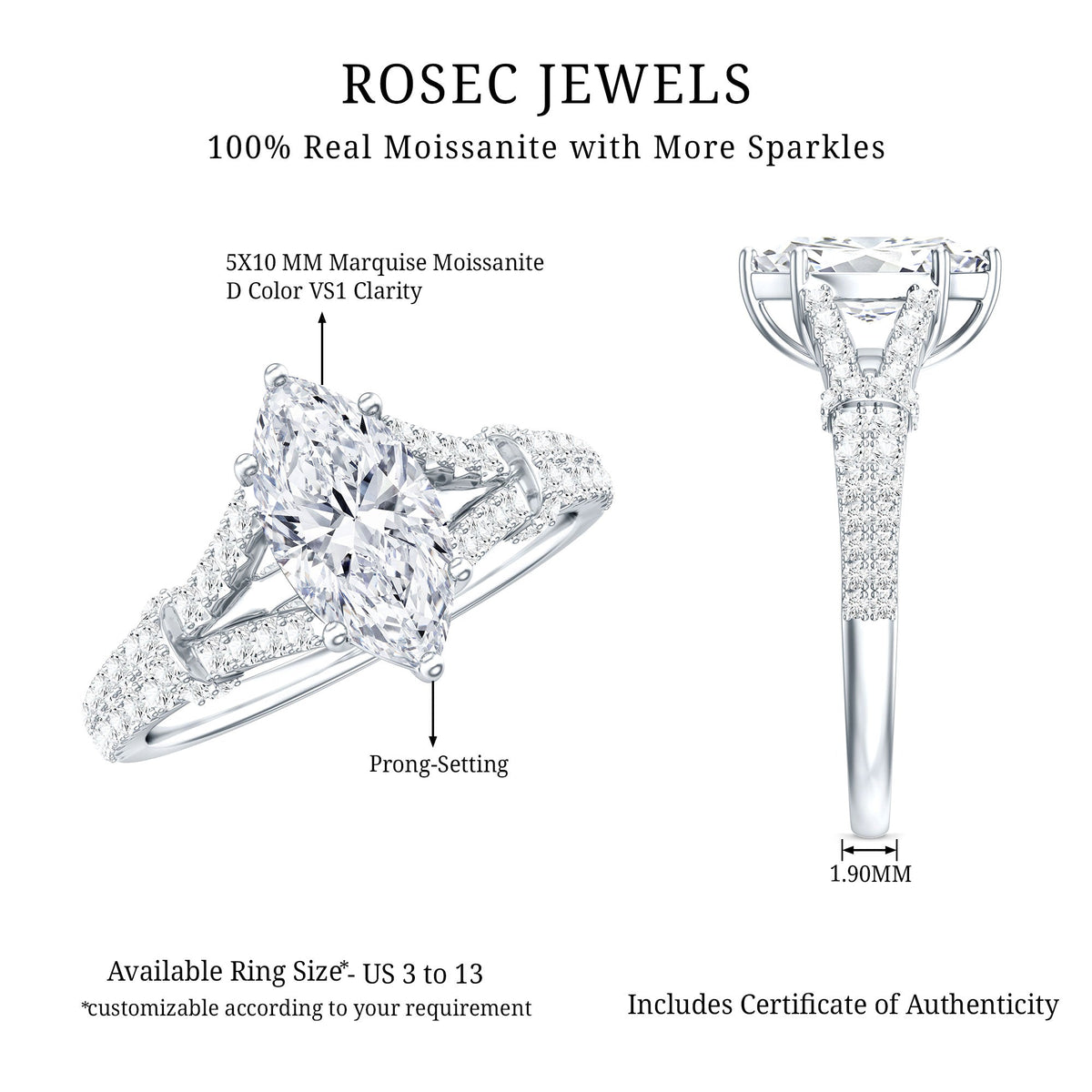 Marquise Cut Moissanite Solitaire Engagement Ring in Split Shank