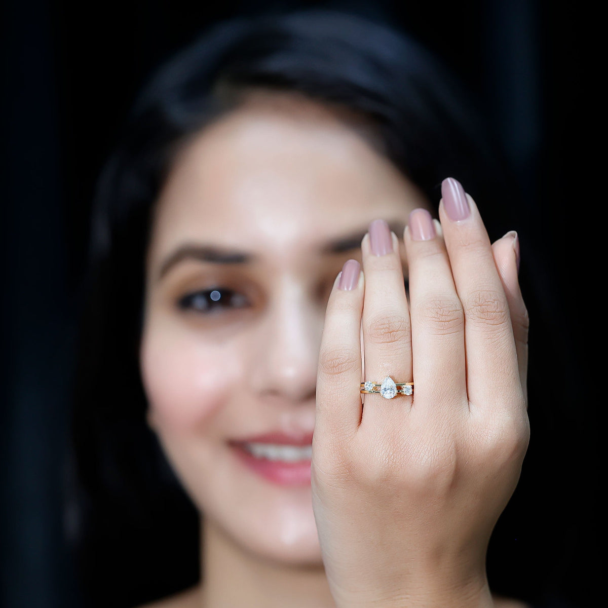 Pear Cut Moissanite Engagement Ring with Double Band