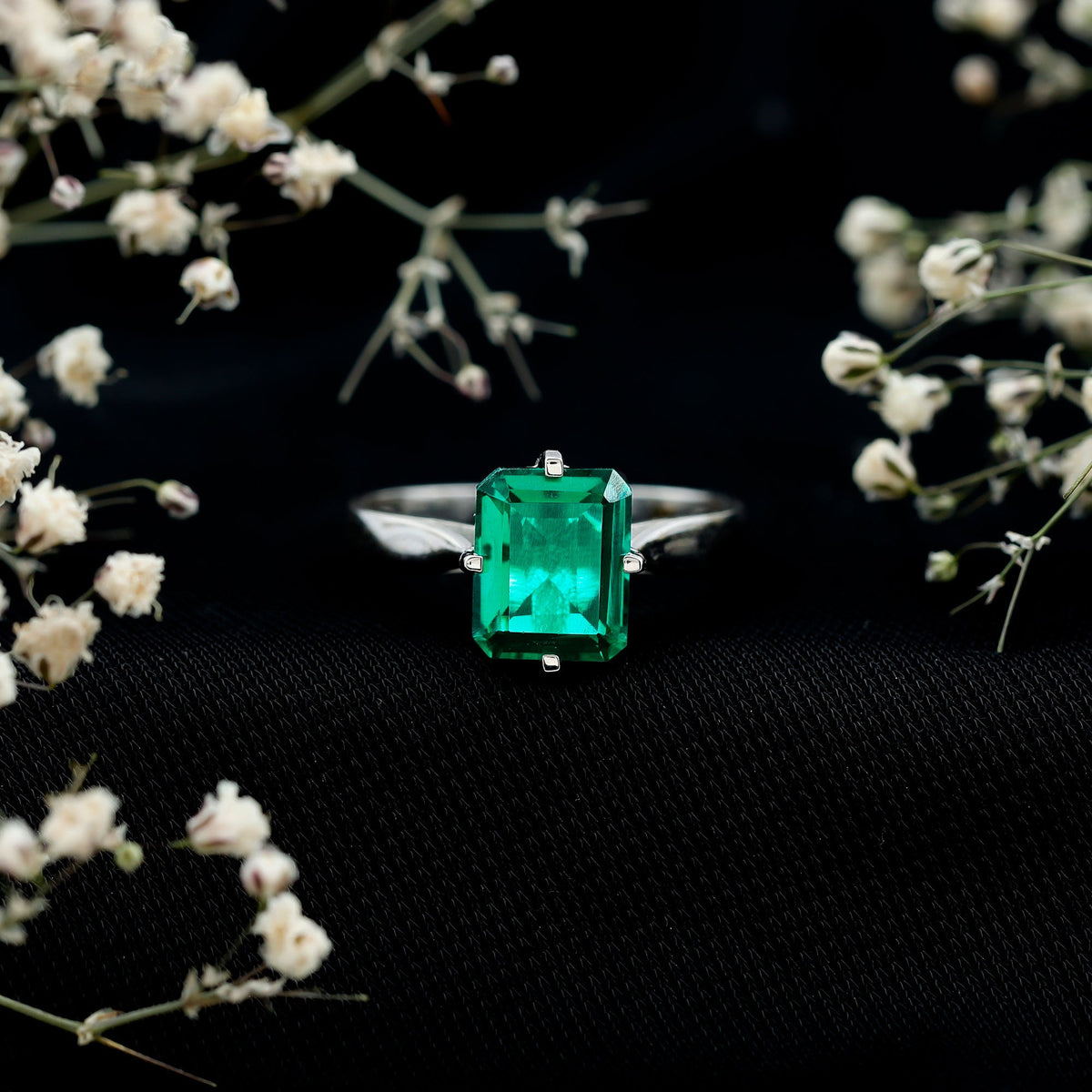 3 Carat Emerald Cut Lab Grown Emerald Solitaire Engagement Ring