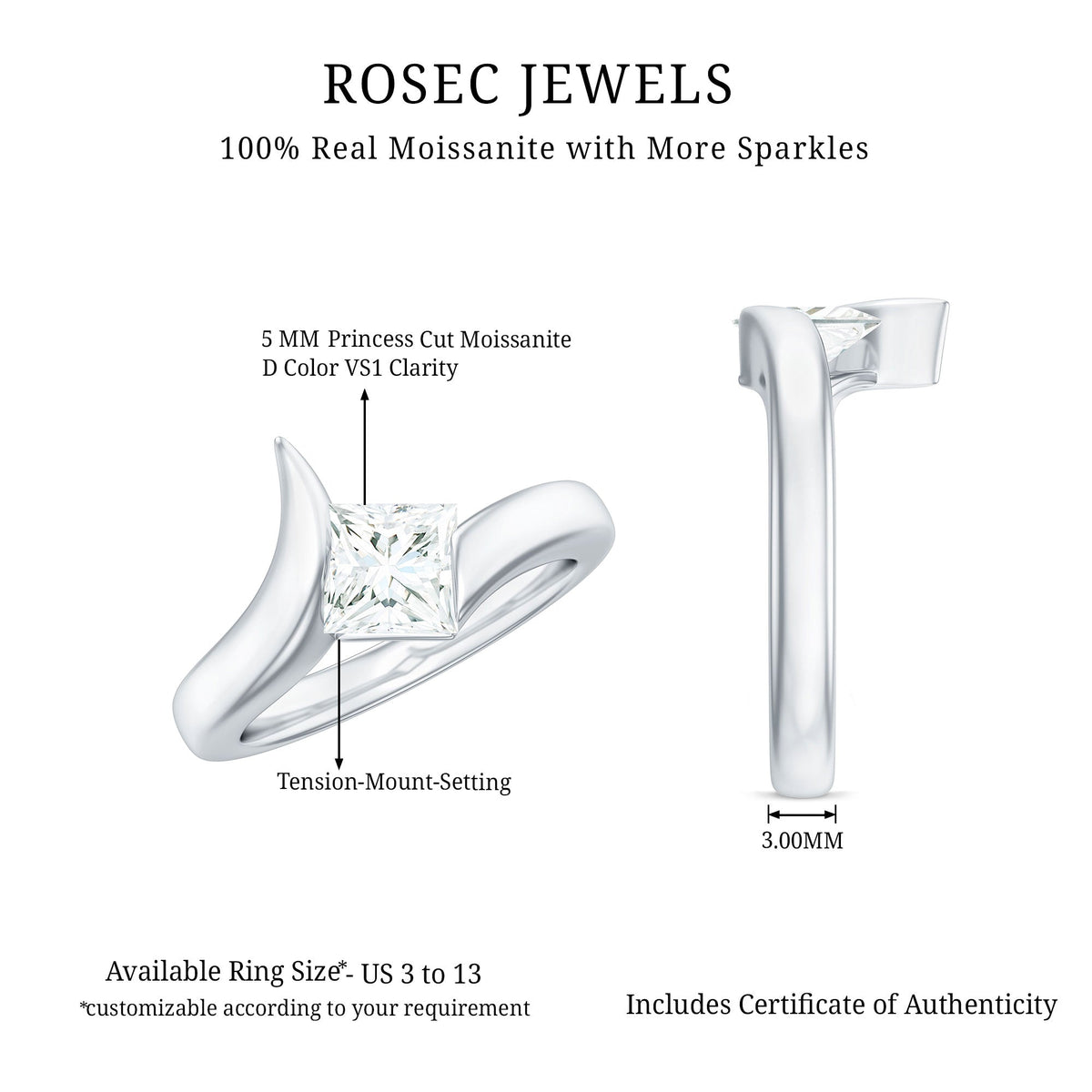0.7 Carat Princess Cut Moissanite Solitaire Ring in Tension Setting