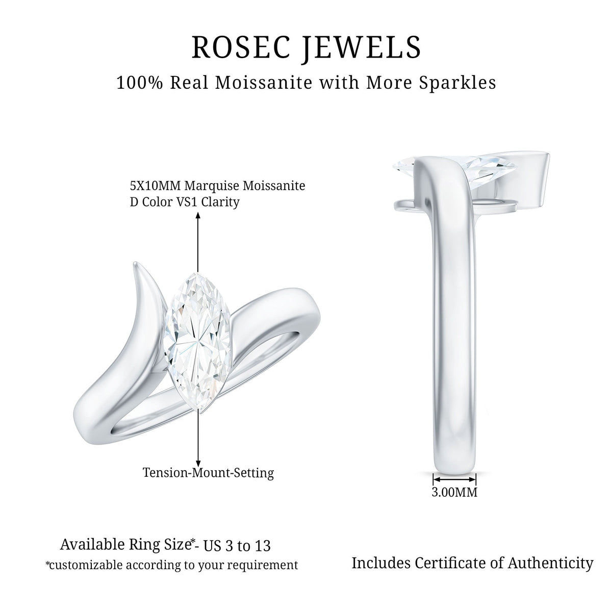 Moissanite Marquise Cut Engagement Ring In Tension Setting