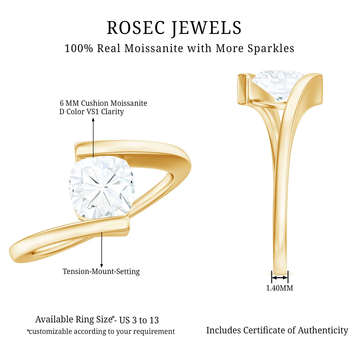 1.7 Carat Cushion Cut Moissanite Solitaire Engagement Ring