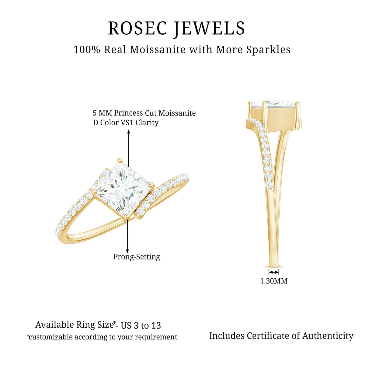 Certified Princess Cut Tilted Moissanite Solitaire Promise Ring