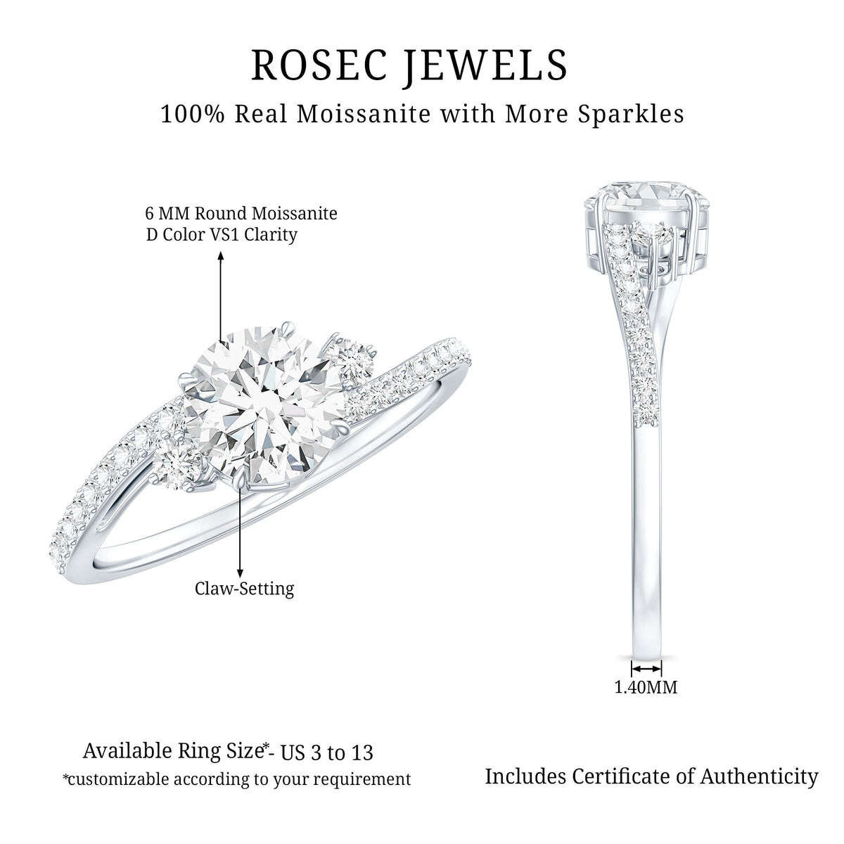 Round Shape Moissanite Bypass Engagement Ring with Side Stones