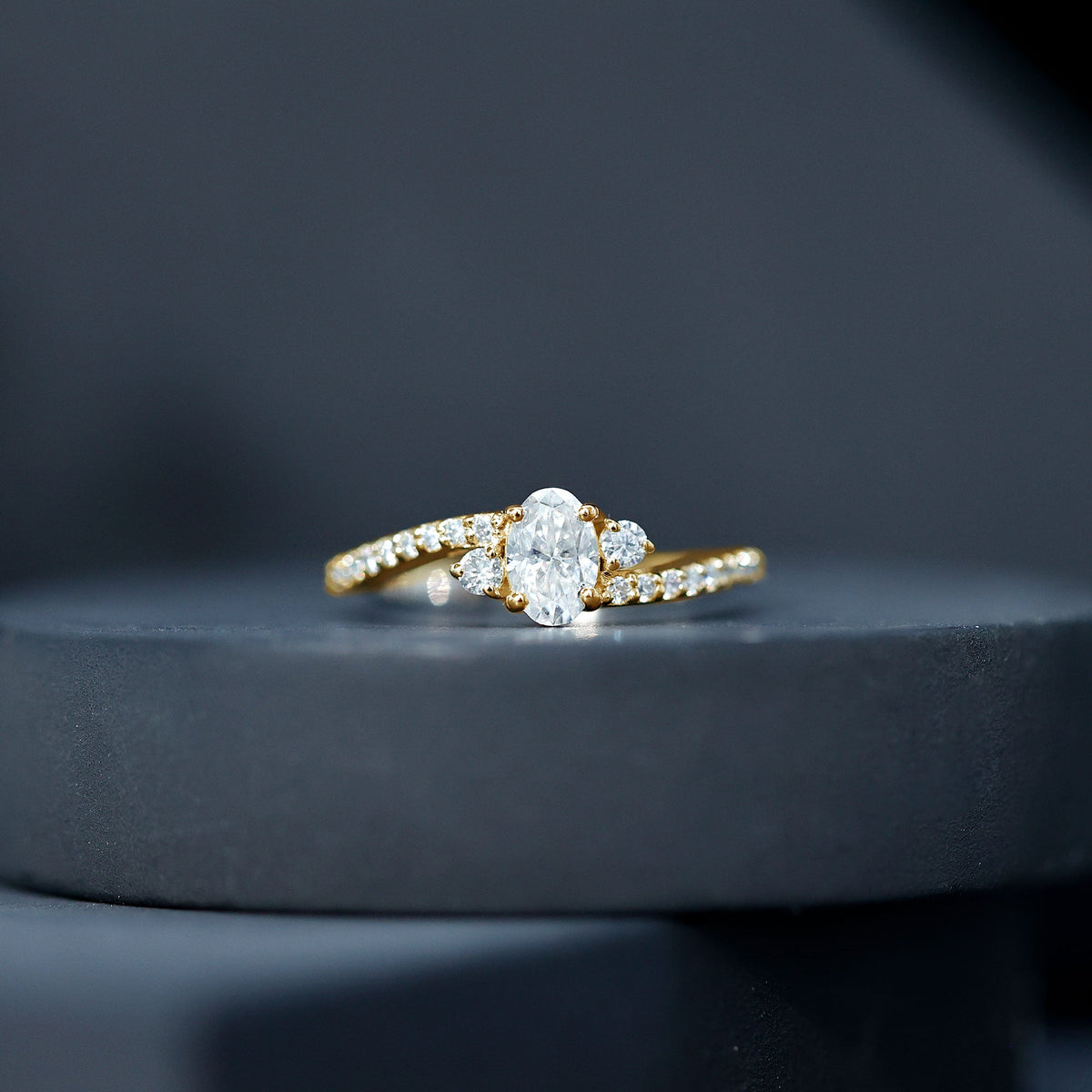 Oval Moissanite Bypass Engagement Ring with Side Stones