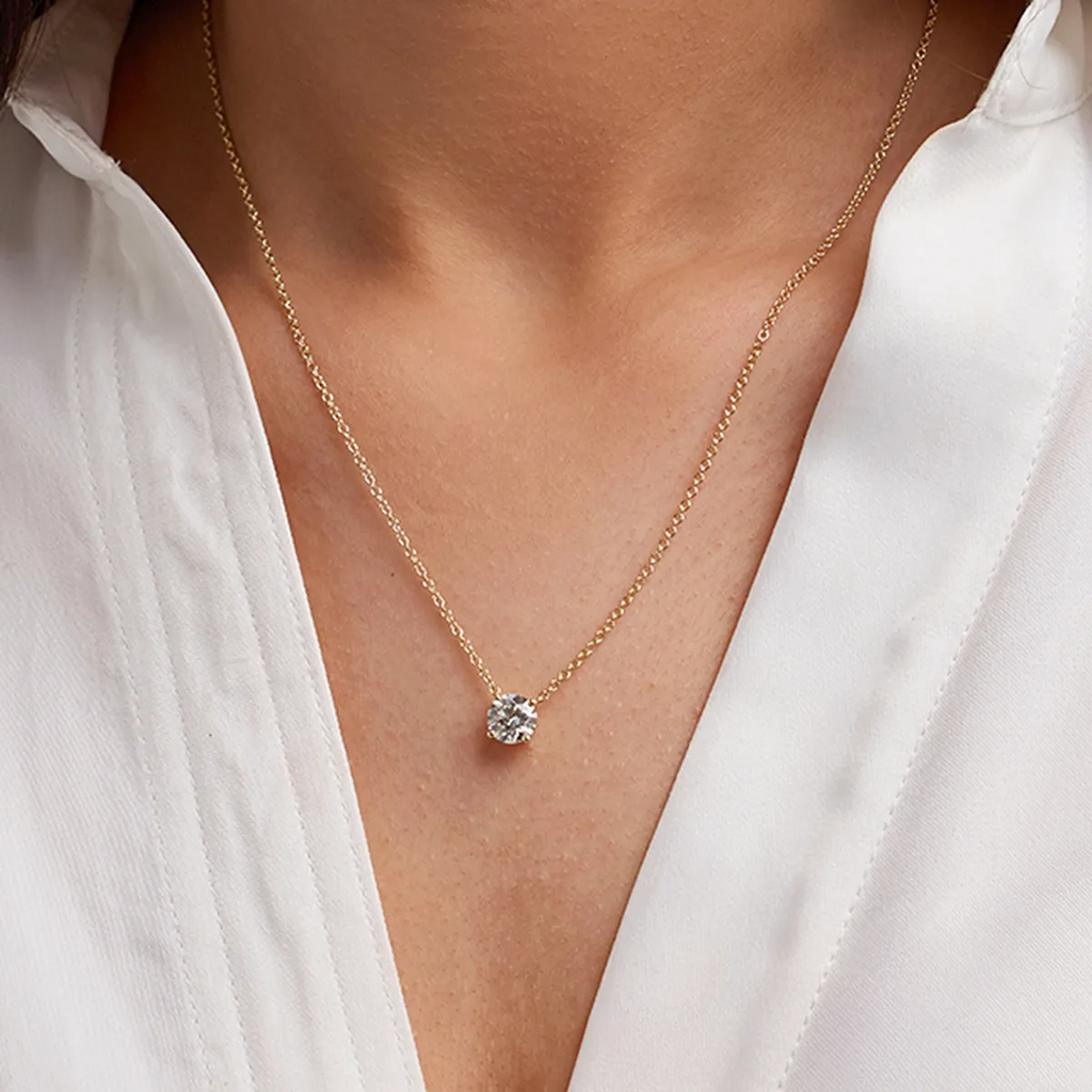 3.00 ct Lab Grown Round Diamond Floating Solitaire Pendant in 14K White or Yellow Gold – AGI Certified VossAgin