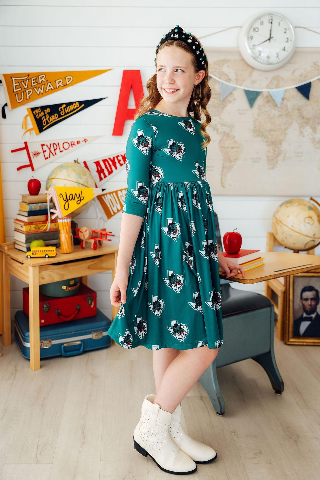 Southlake Carroll Dragons 3/4 Sleeve Pocket Twirl Dress Mila & Rose ®