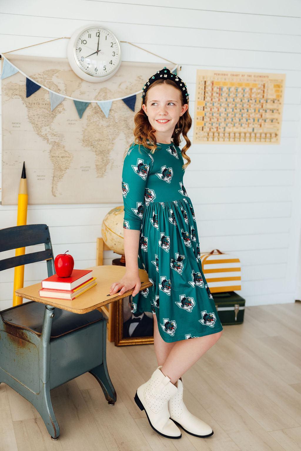 Southlake Carroll Dragons 3/4 Sleeve Pocket Twirl Dress Mila & Rose ®