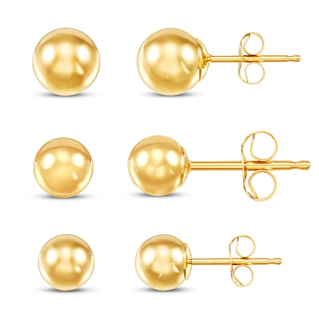 14K Yellow Gold Ball Stud Earrings Set – 3 Sizes (4mm, 5mm, 6mm) with Friction Backs VossAgin