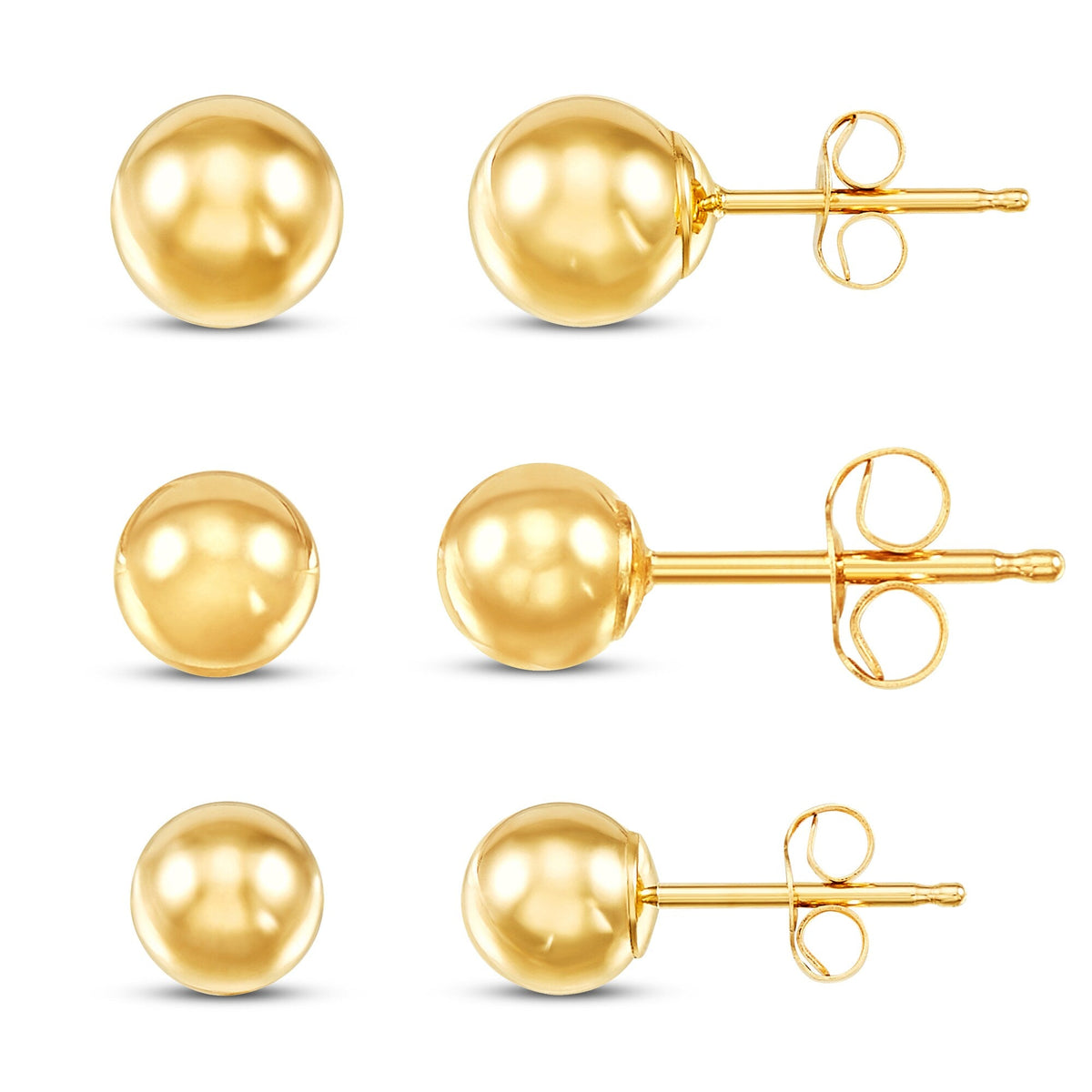 14K Yellow Gold Ball Stud Earrings Set – 3 Sizes (4mm, 5mm, 6mm) with Friction Backs VossAgin