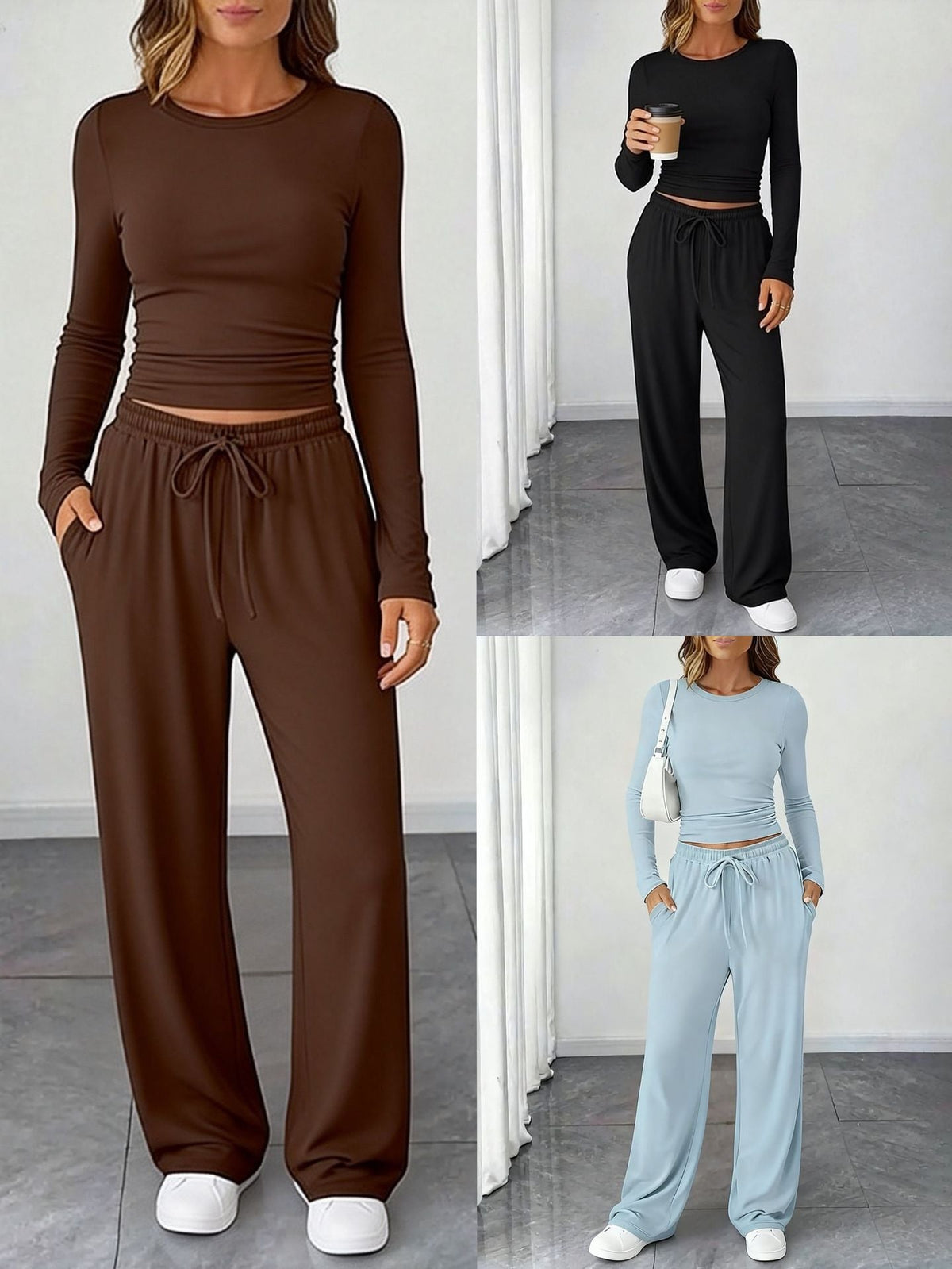 Amazon 2025 New European And American Style Slimming Waist-Cinching Fashionable Casual Suit Sports Yoga Spring And Summer Round Neck Long-Sleeved Women's Clothing Social Buzz eSIMs