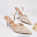 Women's French Style Knitted Cutout Pointed Toe Slingback Heeled Sandals - Elegant Casual Summer High Heel Shoes for Ladies