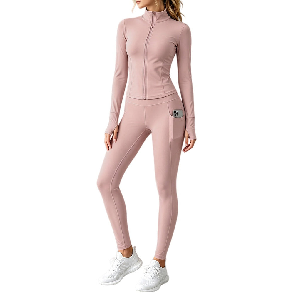 2026 Fall New Stand Collar Zipper Yoga Outfit For Women, Long Sleeve Two-Piece Set With Pockets And Peach Hip-Enhancing Fitness Pants Social Buzz eSIMs