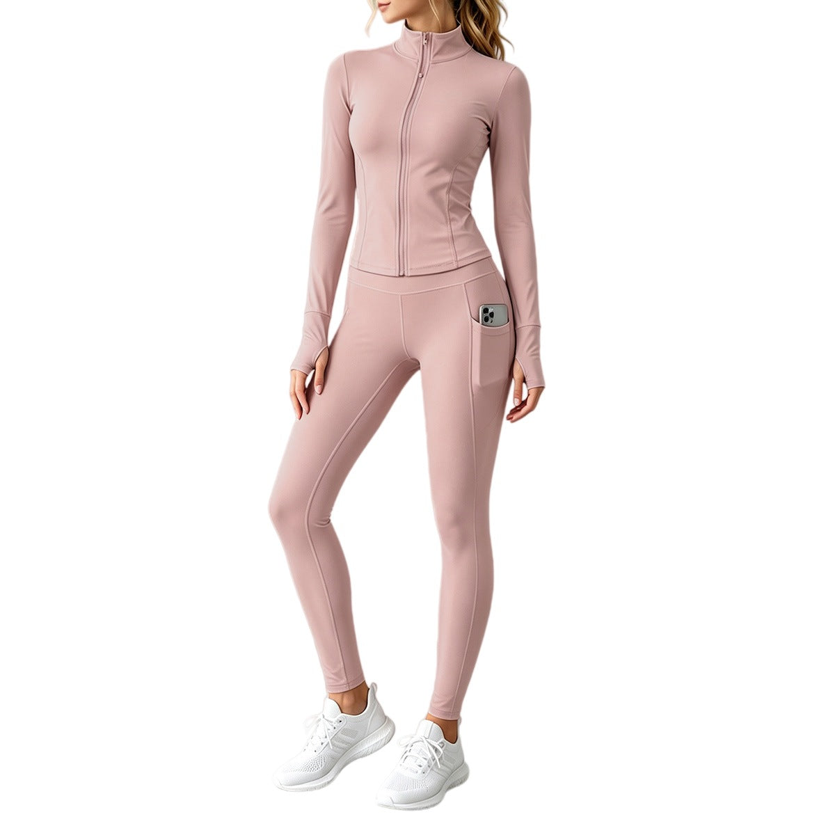 2026 Fall New Stand Collar Zipper Yoga Outfit For Women, Long Sleeve Two-Piece Set With Pockets And Peach Hip-Enhancing Fitness Pants Social Buzz eSIMs