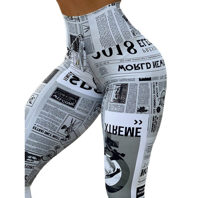 European And American Fashion News Times Digital Printed High Waist Stretch Yoga Pants Running Pants Leggings Slim Fit Social Buzz eSIMs