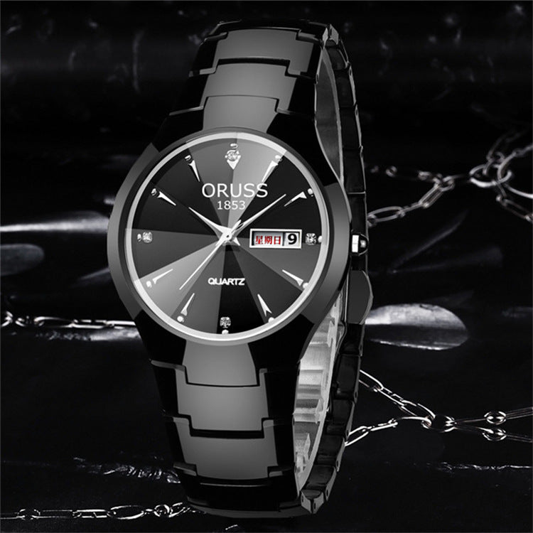 Tungsten Steel Color Waterproof Fashion Student Couple Calendar Quartz Watch