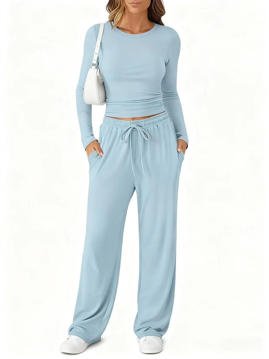 Amazon 2025 New European And American Style Slimming Waist-Cinching Fashionable Casual Suit Sports Yoga Spring And Summer Round Neck Long-Sleeved Women's Clothing Social Buzz eSIMs