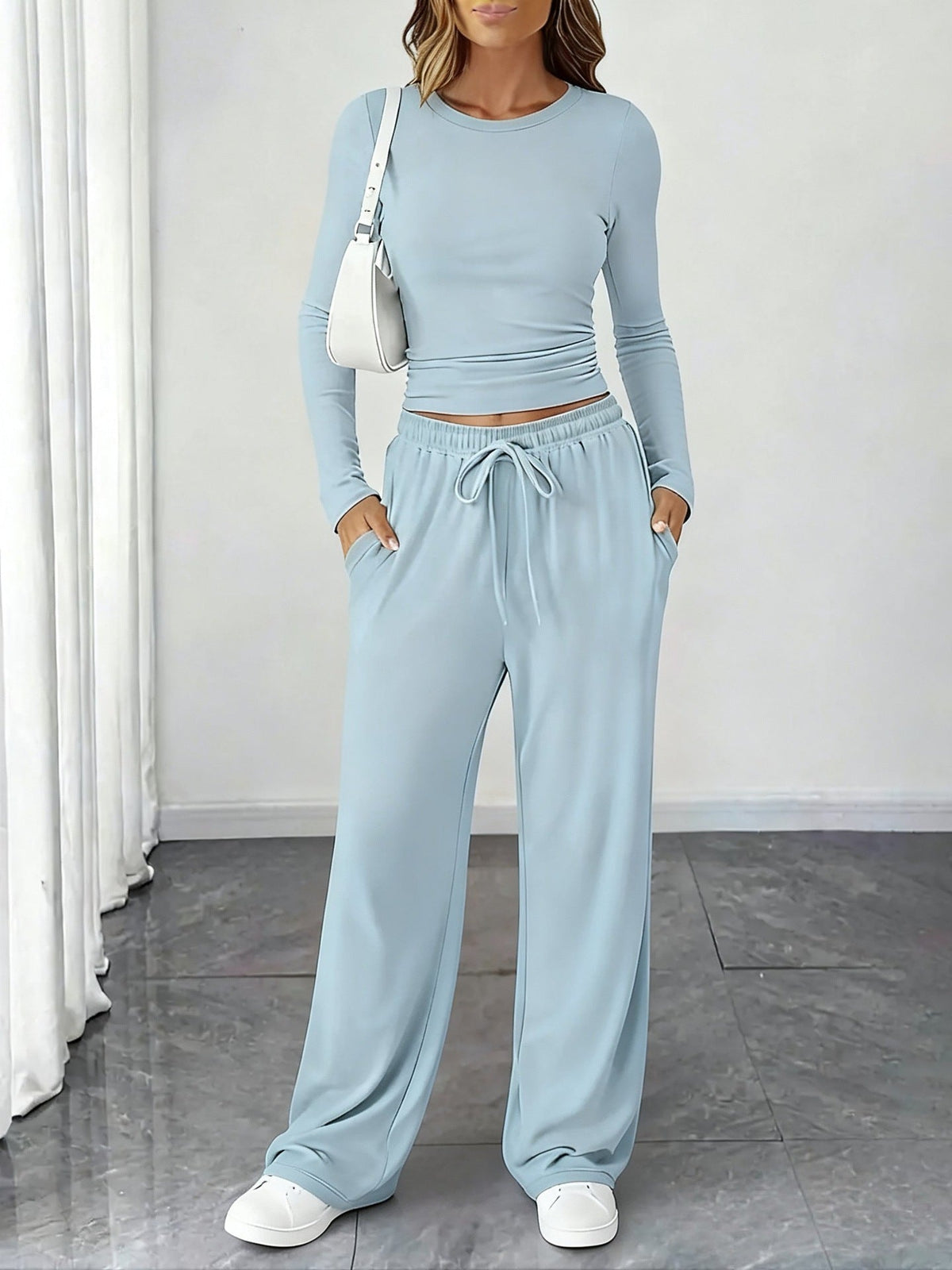 Amazon New European And American Style Slimming Waist-Cinching Fashionable Casual Suit Sports Yoga Spring And Summer Round Neck Long-Sleeved Women's Clothing Social Buzz eSIMs