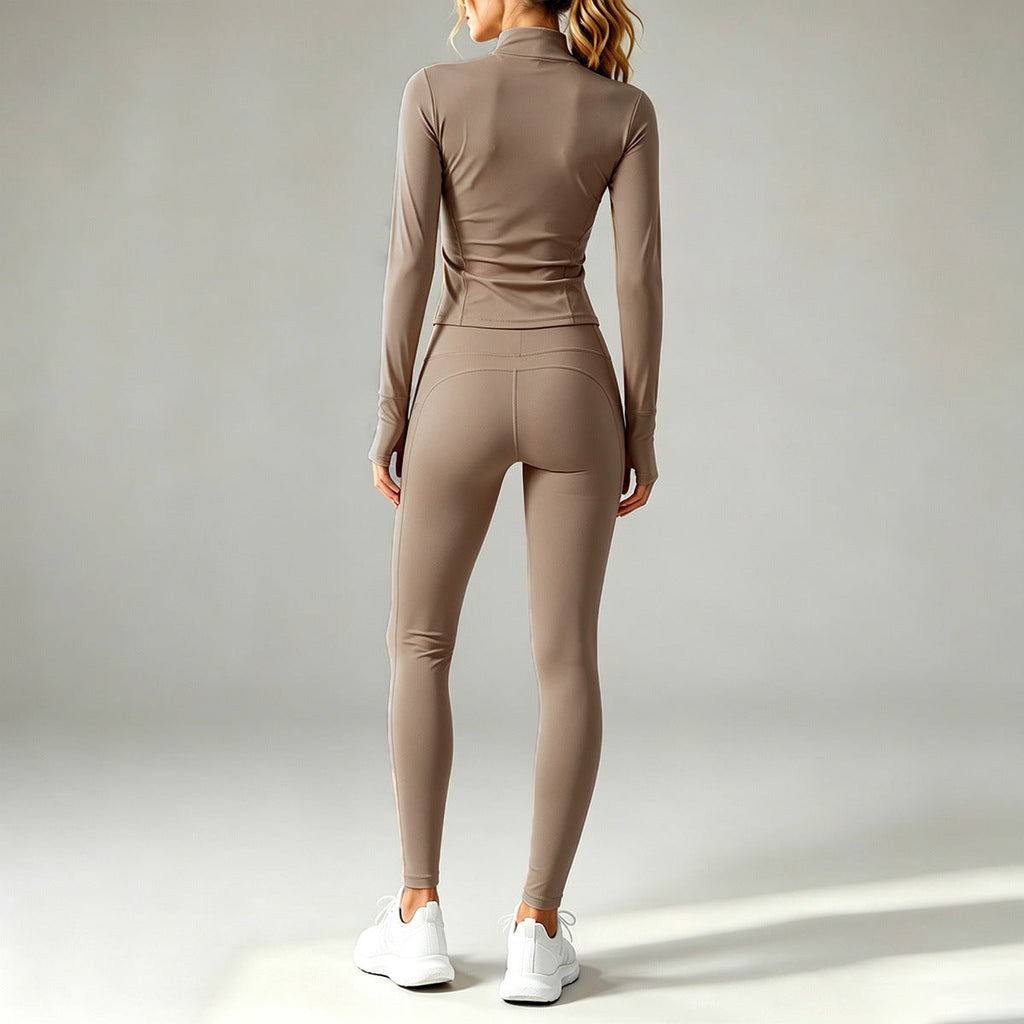 2026 Fall New Stand Collar Zipper Yoga Outfit For Women, Long Sleeve Two-Piece Set With Pockets And Peach Hip-Enhancing Fitness Pants Social Buzz eSIMs