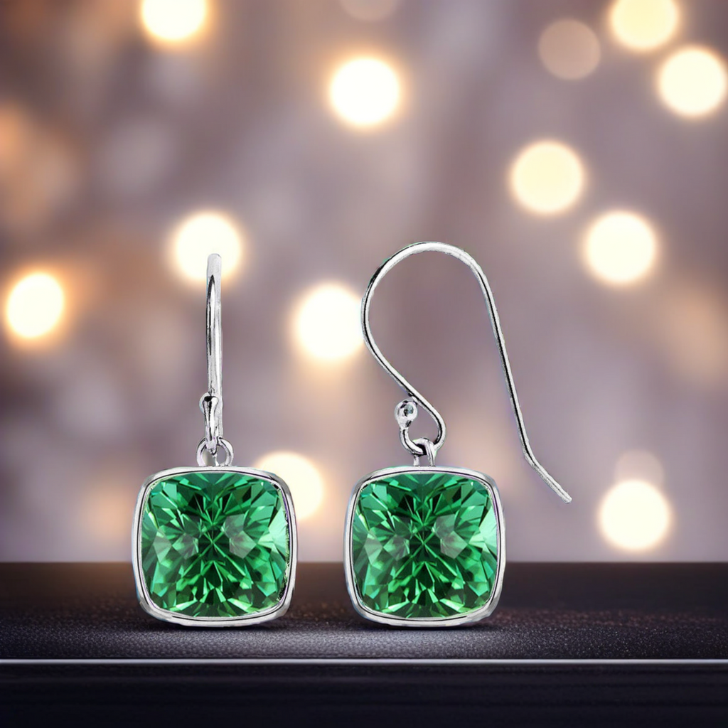 4.50CTW Lab Grown Cushion Cut Emerald Drop Earrings in 925 Sterling Silver - 8mm Square Gems VossAgin
